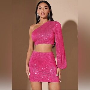 ☀️SOLD☀️Retrofête One Shoulder Hot Pink Sequin Two Piece Set Mini Dress